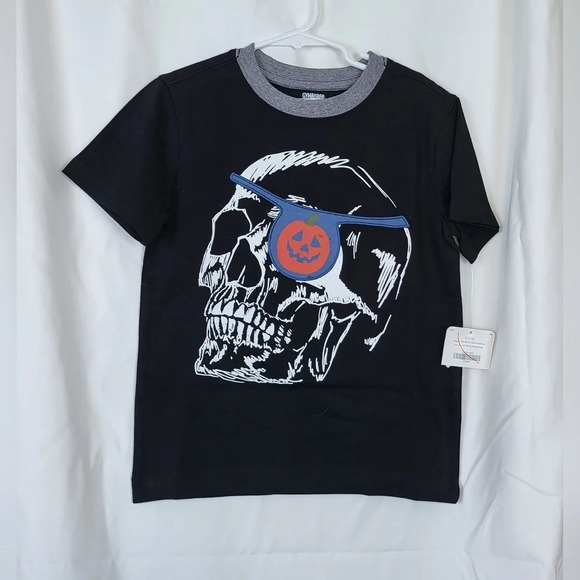 NWT Gymboree Black Skull Pumpkin Patch Short Sleeve Halloween Tee Size S 5/6 - Picture 1 of 5
